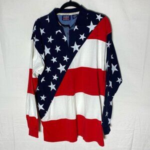 Vintage Time AM USA Flag Stars And Stripes Patriotic Long Sleeve Polo Shirt L